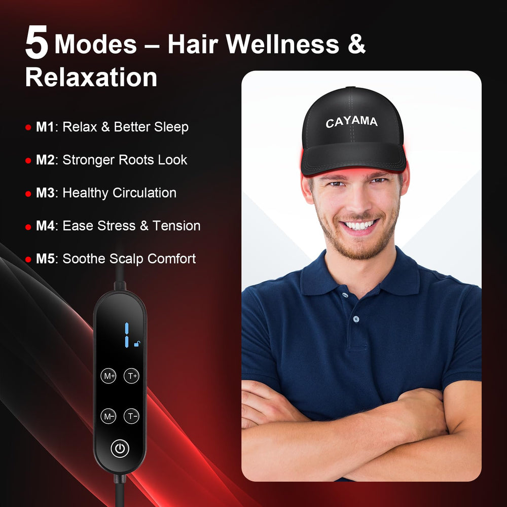 CAYAMA red light cap with mode selector highlights 5 customizable settings.
