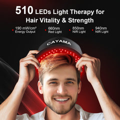 CAYAMA red light cap close-up showing 510 LEDs for even coverage.