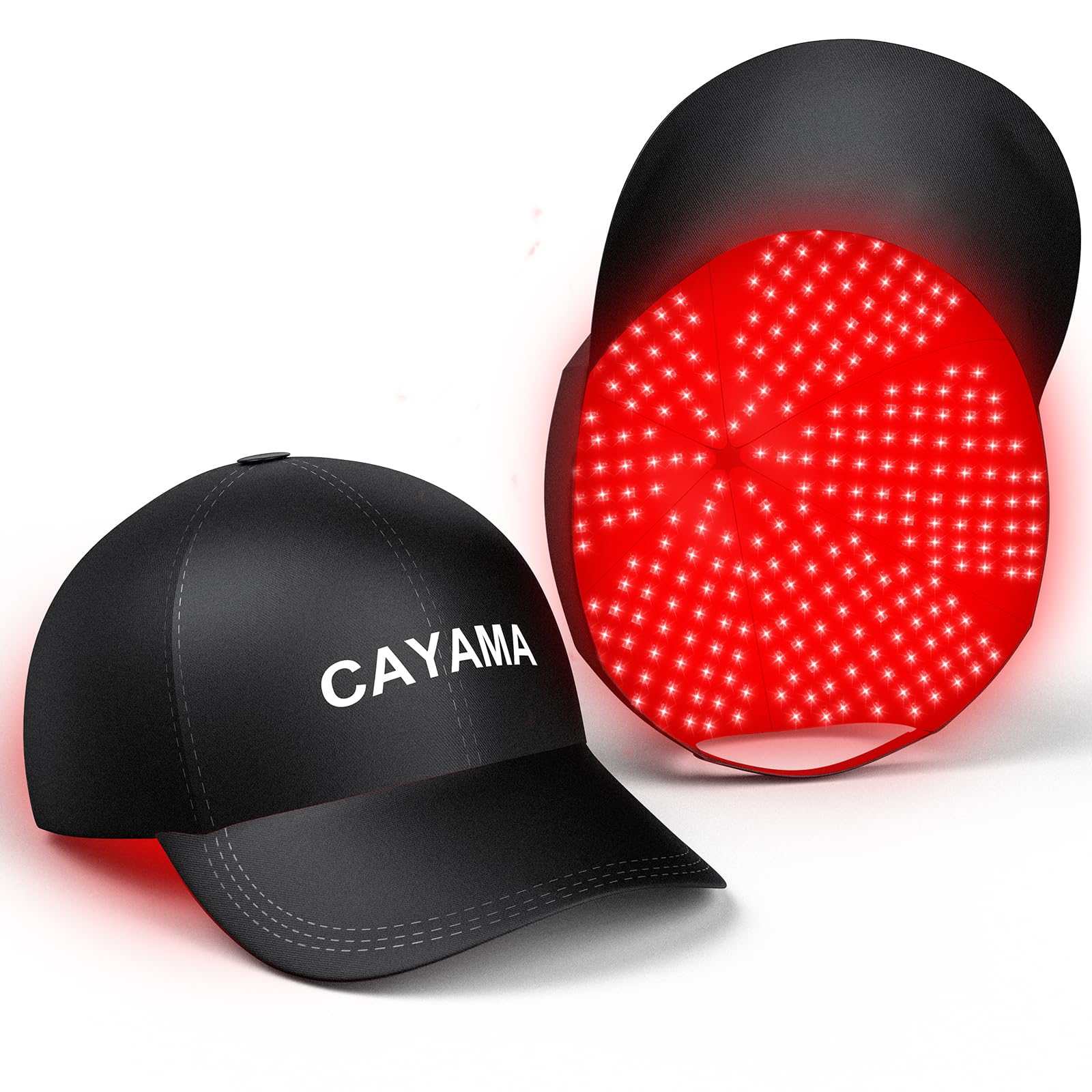 CAYAMA red light cap on head for at-home scalp care and relaxing session.