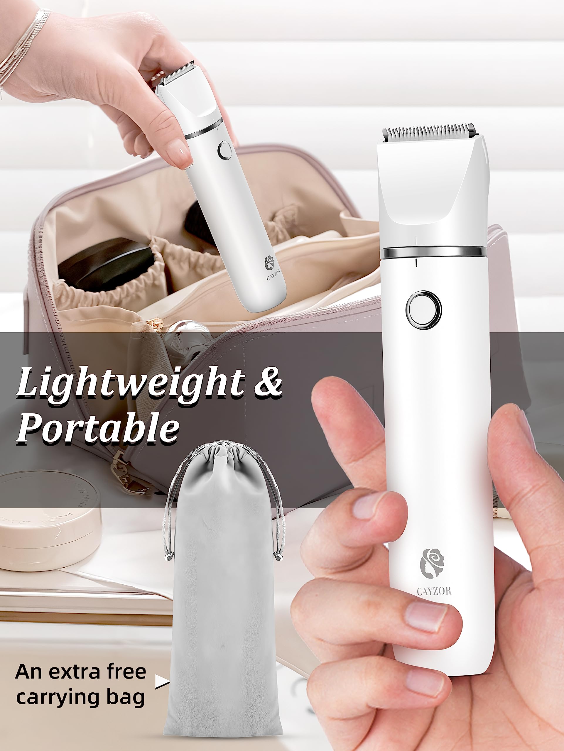 Cayzor Bikini Trimmer kit hypoallergenic ceramic blade closeup for skin comfort.