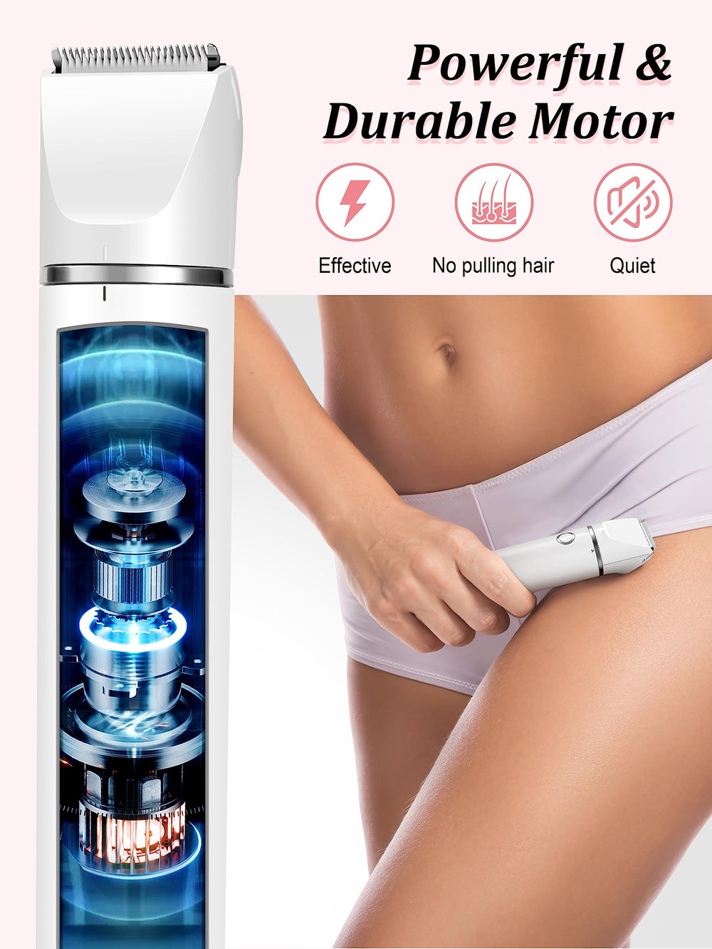 Cayzor Bikini Trimmer kit IPX7 waterproof rating shown for confident wet use.