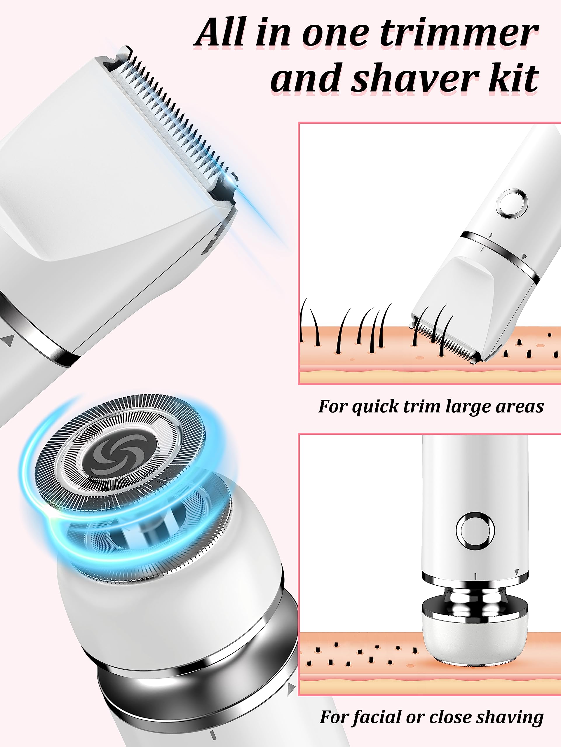 Cayzor Bikini Trimmer kit wet-dry use illustrated scene for versatile grooming.