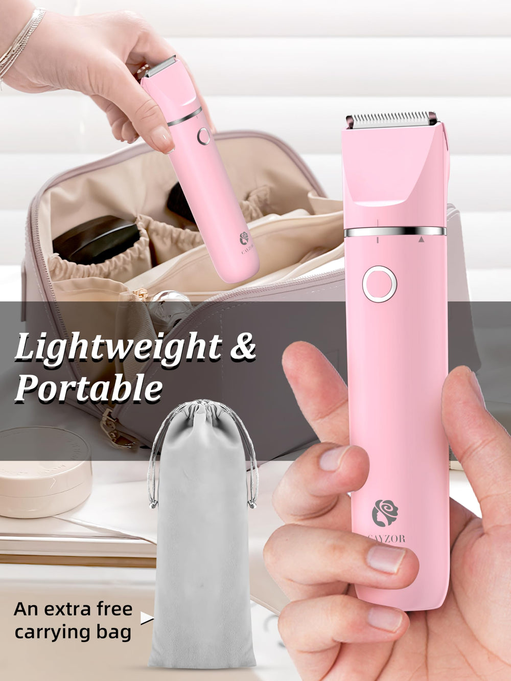 Cayzor Bikini Trimmer travel case shown for tidy storage and travel-ready grooming.