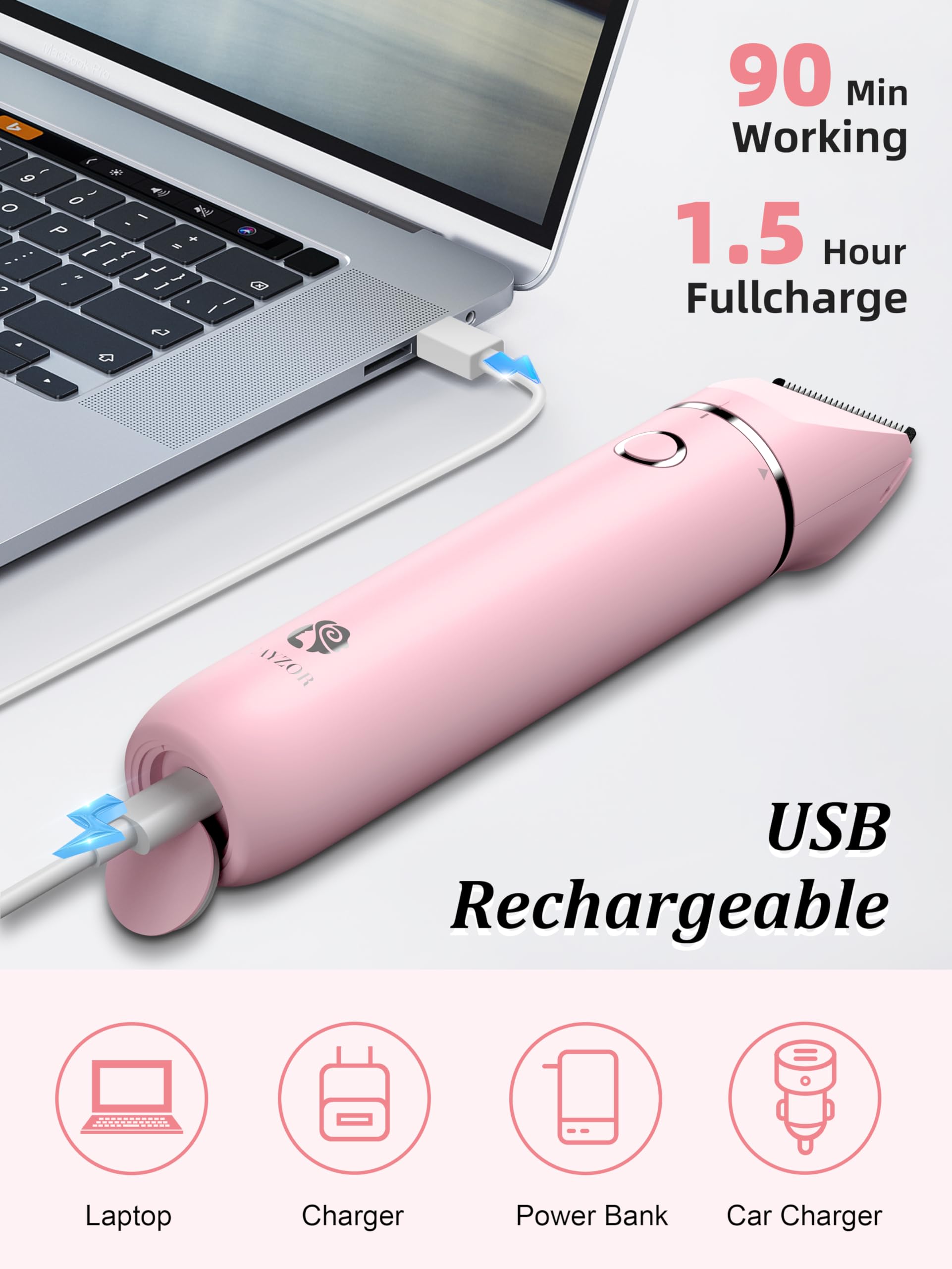 Cayzor Bikini Trimmer USB charging port demonstrated for on-the-go convenience.