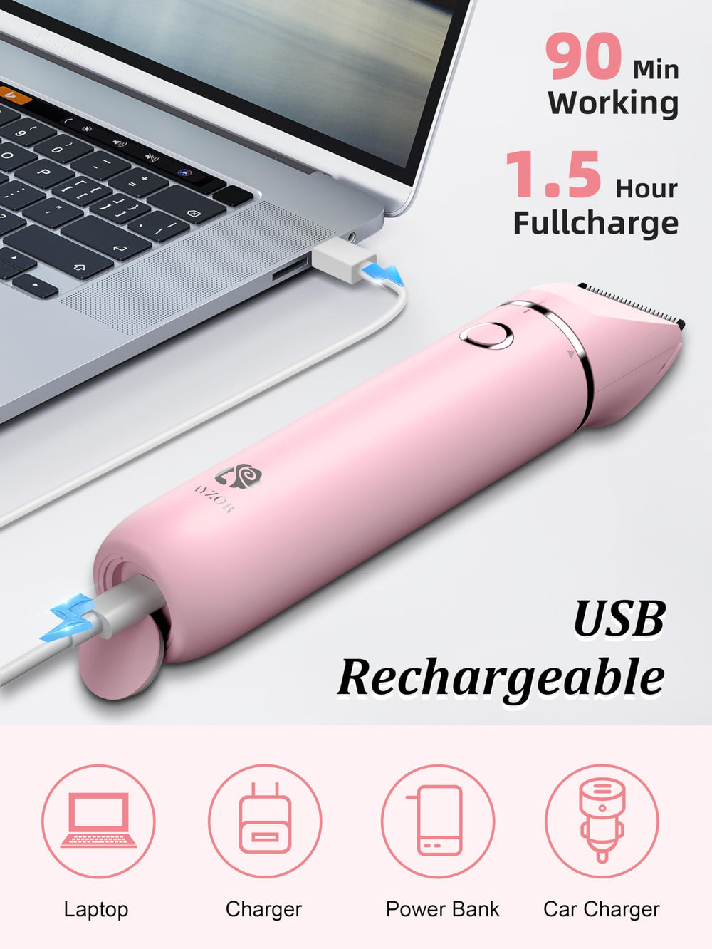 Cayzor Bikini Trimmer USB charging port demonstrated for on-the-go convenience.