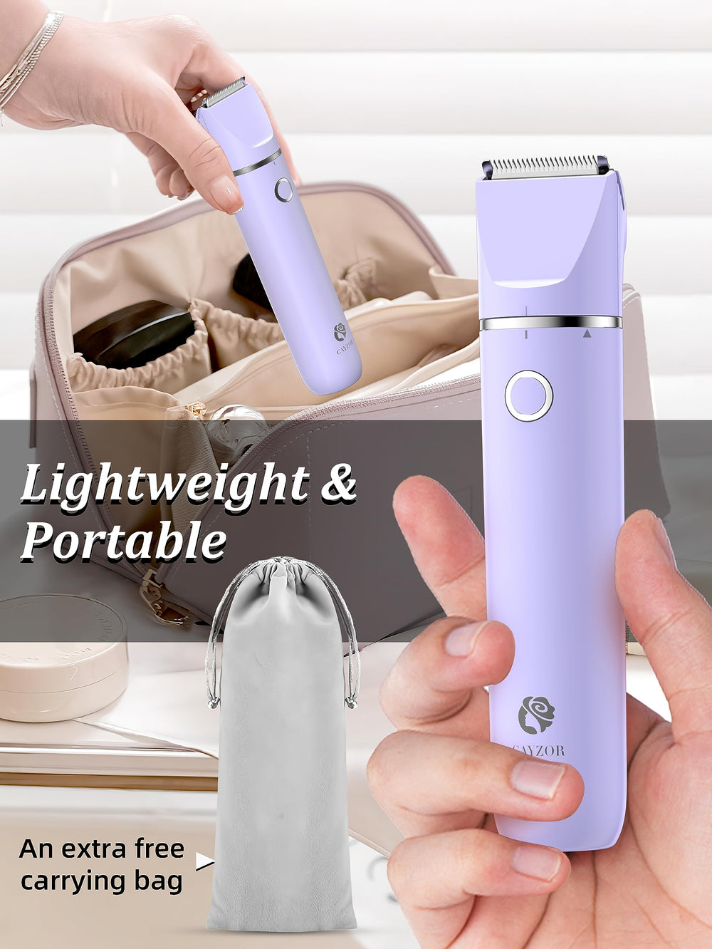 Cayzor bikini trimmer in use on legs for convenient home grooming