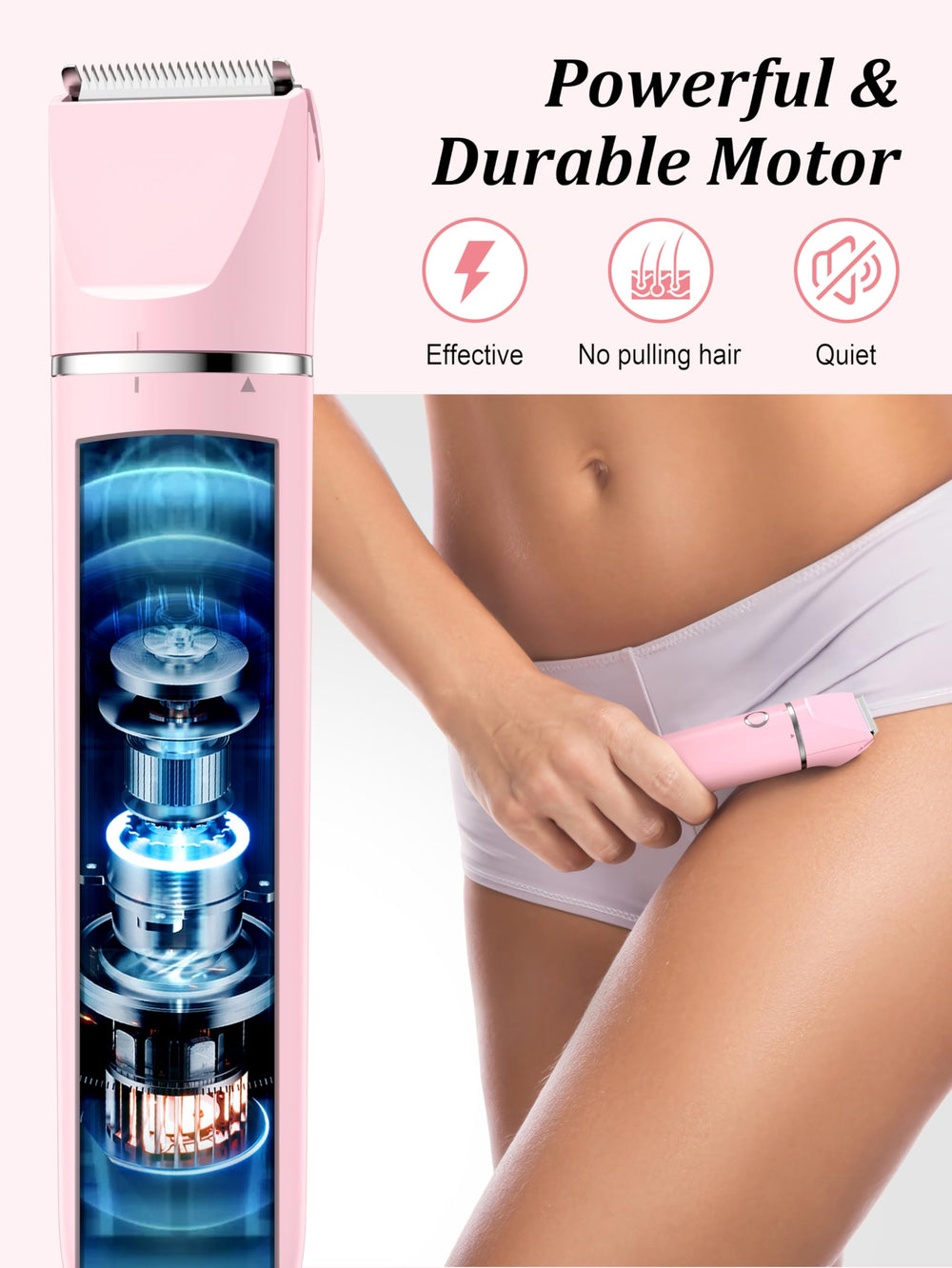 Cayzor Bikini Trimmer wet-dry use with IPX7 rating highlighted for versatile showers.