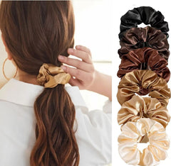 CAZYTOYZ colorful satin scrunchies close-up showing soft elastic grip for secure ponytails.