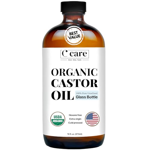 C CARE Castor Oil in amber glass bottle preserves purity for skincare and hair care.