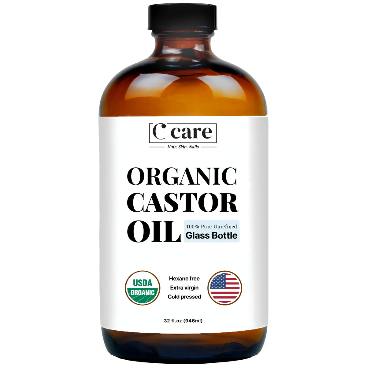 C CARE Castor Oil bottle in amber glass for pure skin and hair care.