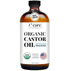 C CARE Castor Oil in amber glass bottle preserves purity for skincare and hair care.
