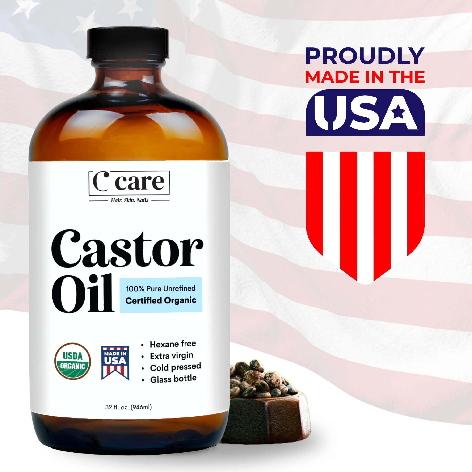 C CARE Castor Oil dropper applying to skin for deep moisturization.