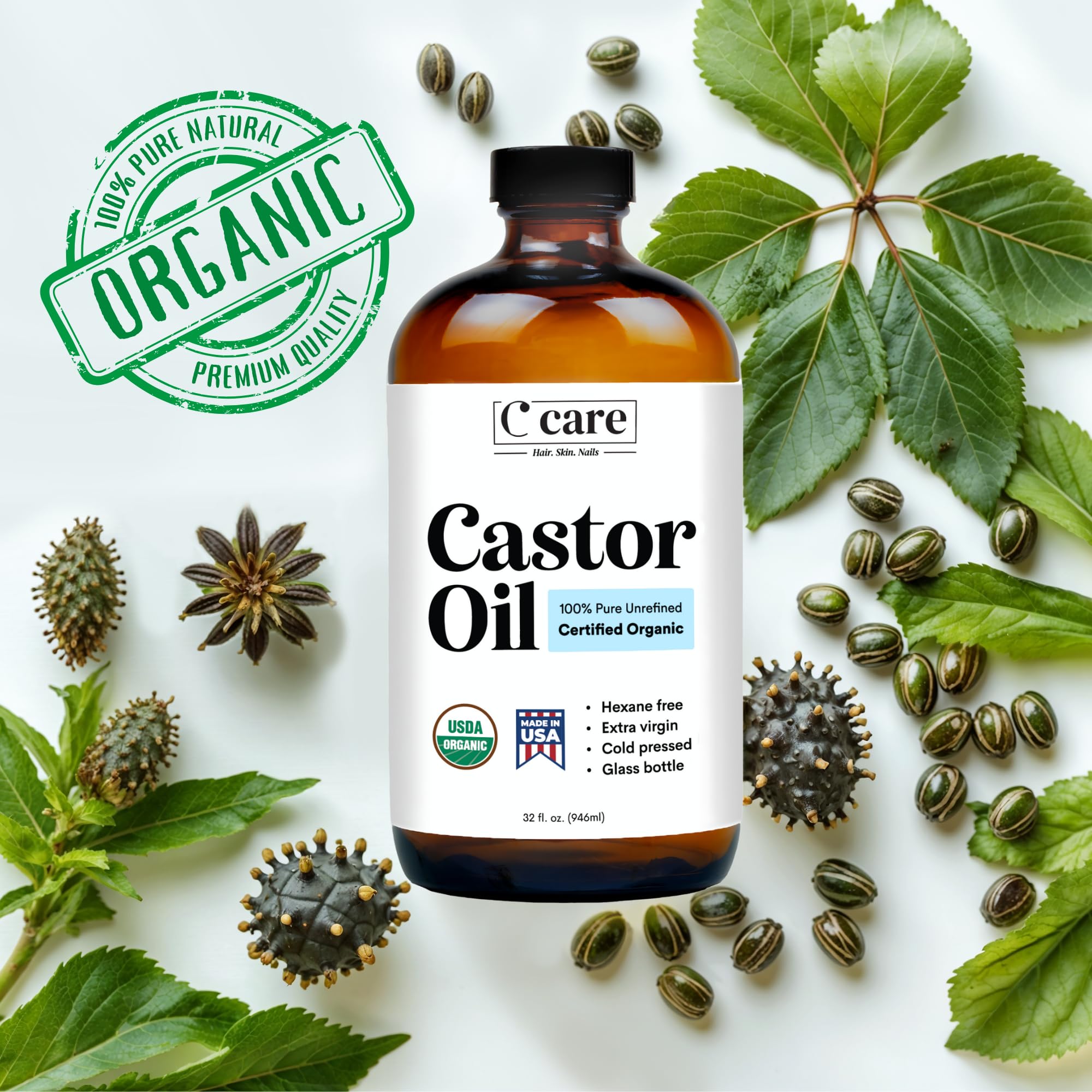 C CARE Castor Oil on hair for scalp nourishment and shine.