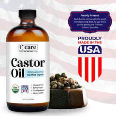 C CARE Castor Oil USDA Organic label signals clean, certified beauty.