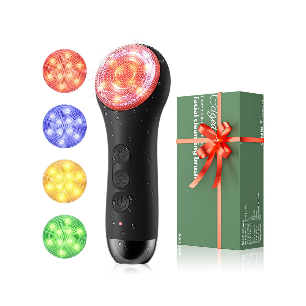 Ccigedy facial cleansing brush shows four LED modes for spa-like cleansing and clarity