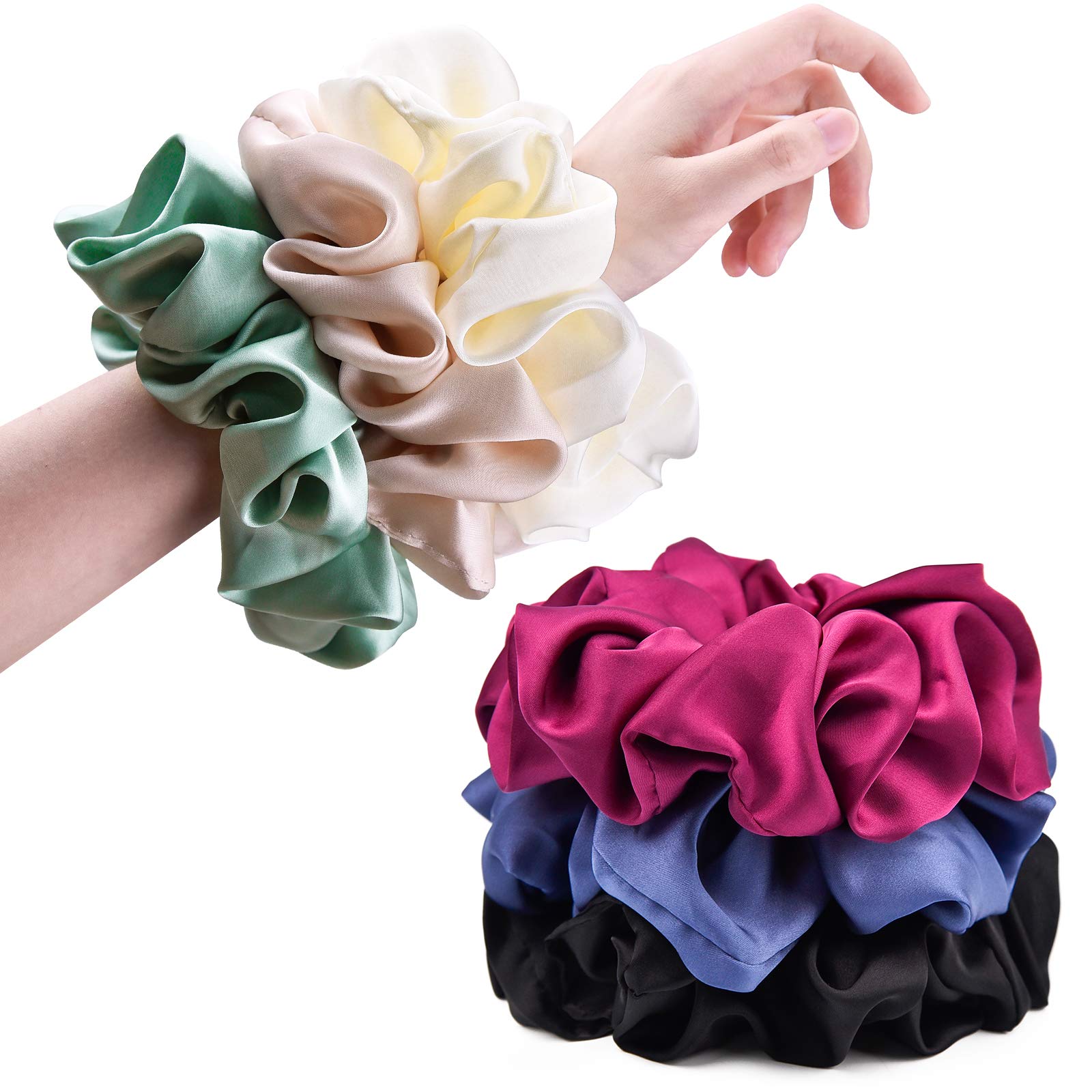 CEELGON black silk scrunchies provide gentle hold for thick hair without creases.
