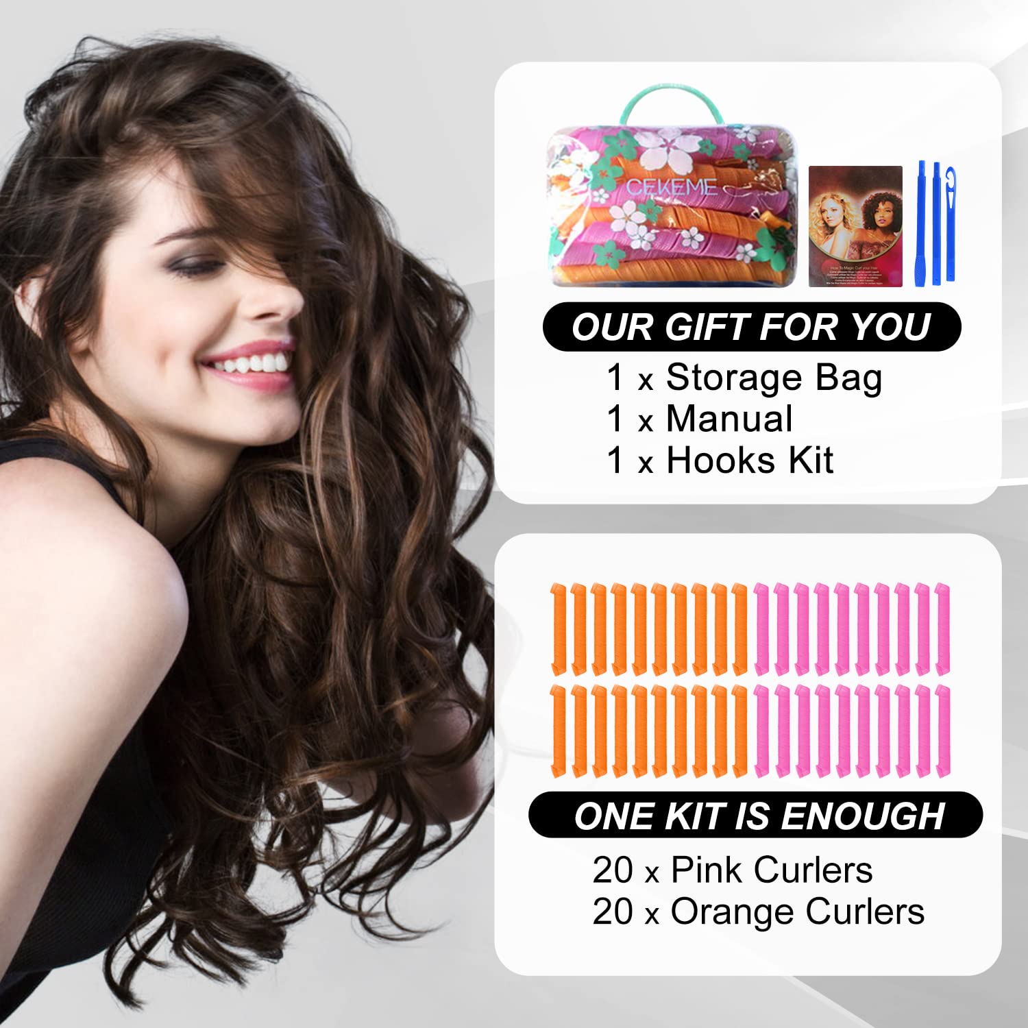 CEKEME easy-use steps chart demonstrates no-heat curl process.