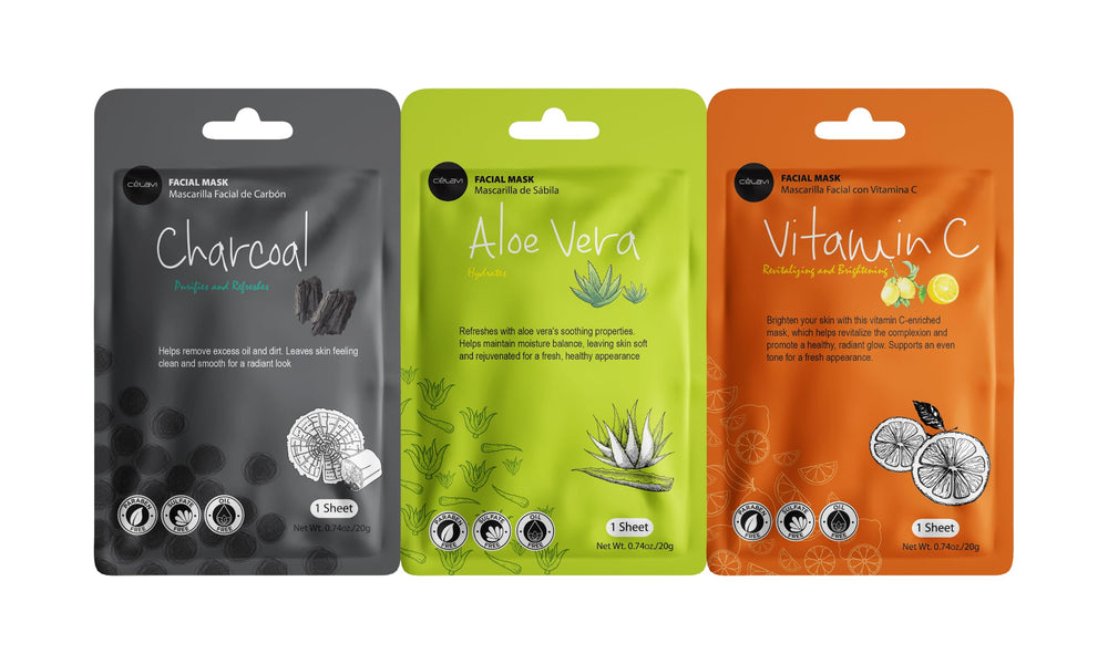 Celavi Essence charcoal avocado sheet highlights detoxifying cleanse and deep moisture.