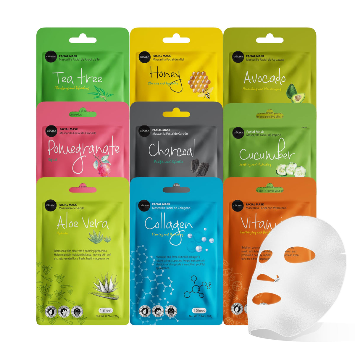 Celavi Essence face mask sheet collection offering hydration for balanced skin.