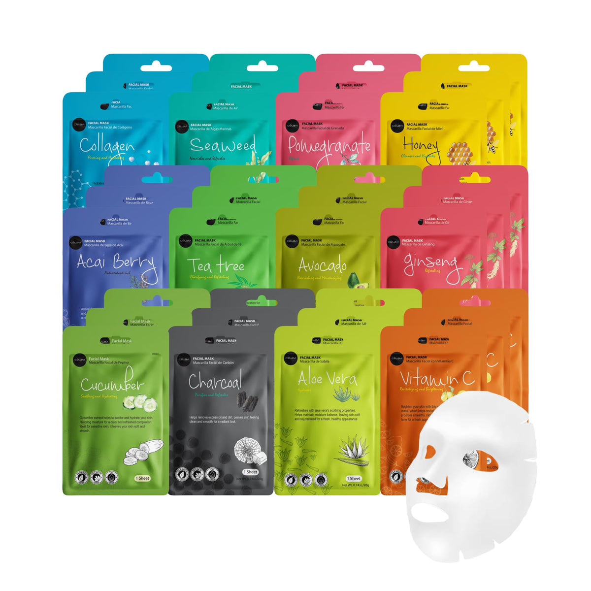 Celavi Essence Facial Sheet Mask Variety Set packaging shows three 12-count boxes for daily hydration.