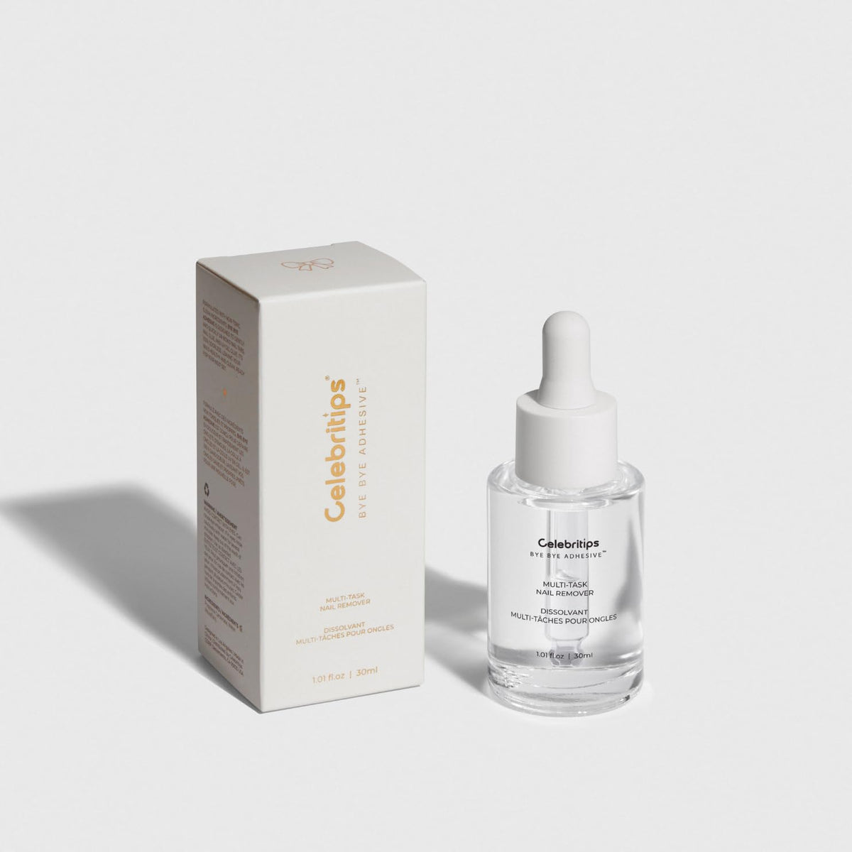 Celebritips Bye Bye Adhesive bottle front showing odorless, gentle removal