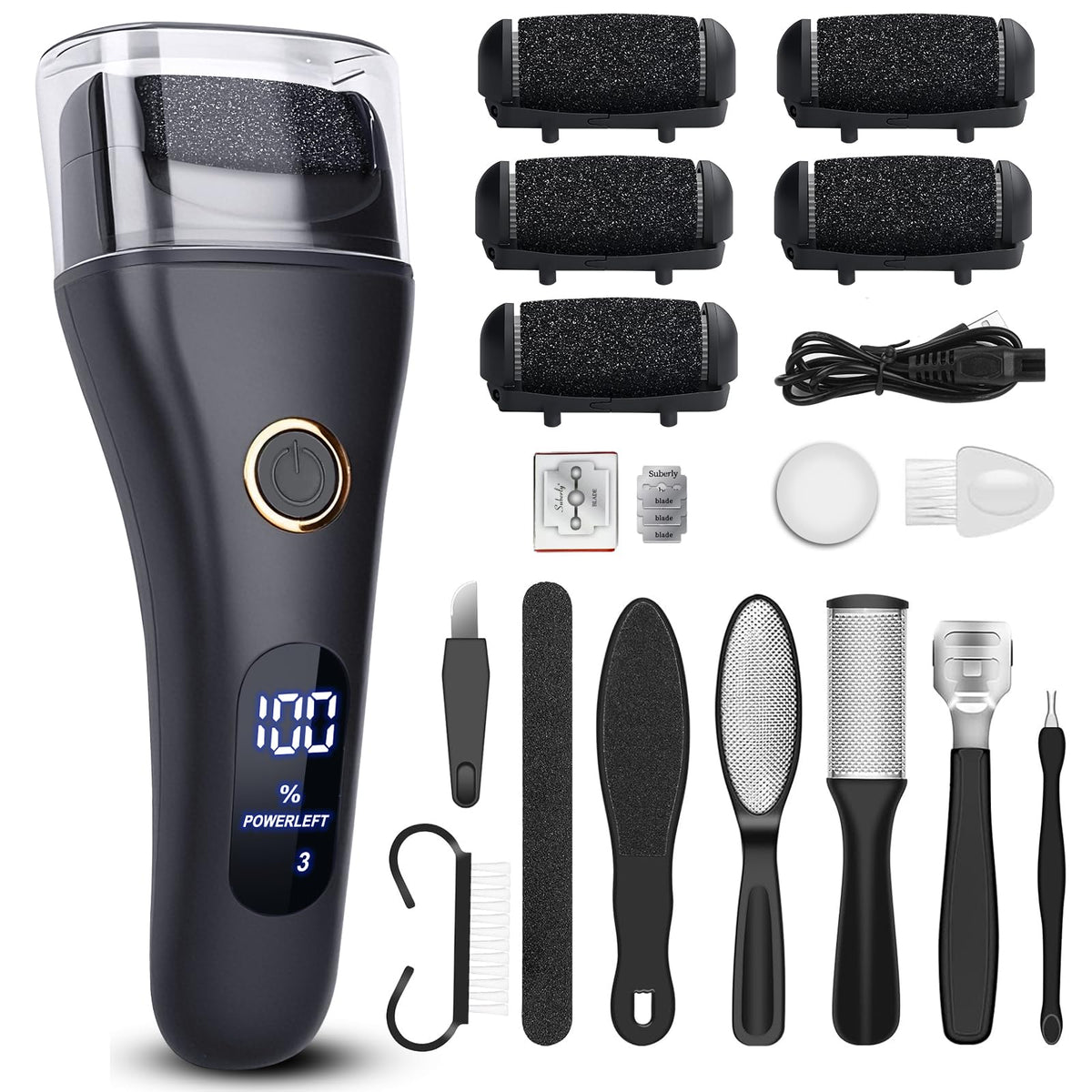 Celepen electric foot file LED light closeup showing precise dead-skin removal