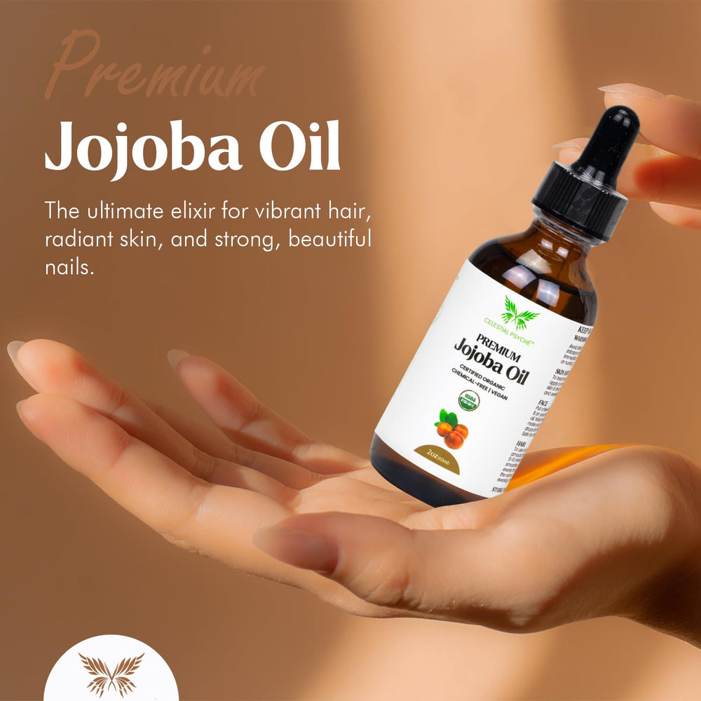 Celestial Psyche Jojoba Oil promotes nourished hair and healthier-looking strands.