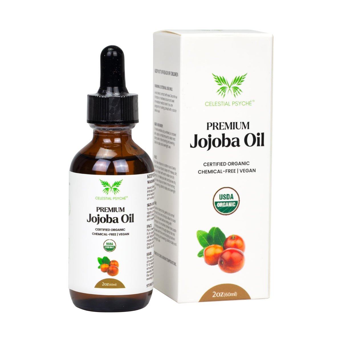 Celestial Psyche Jojoba Oil 2oz bottle provides lightweight hydration for skin and hair.
