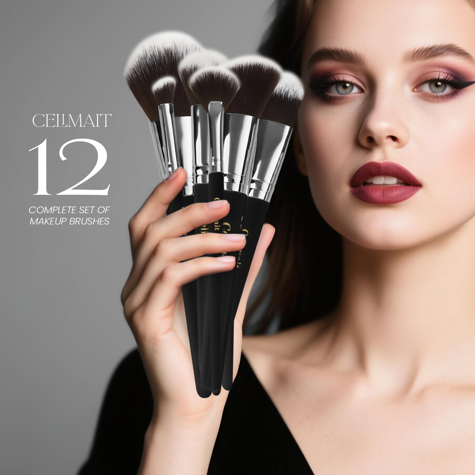 CELIMAIT 12-piece brush set includes face and eyeshadow brushes for versatile makeup application