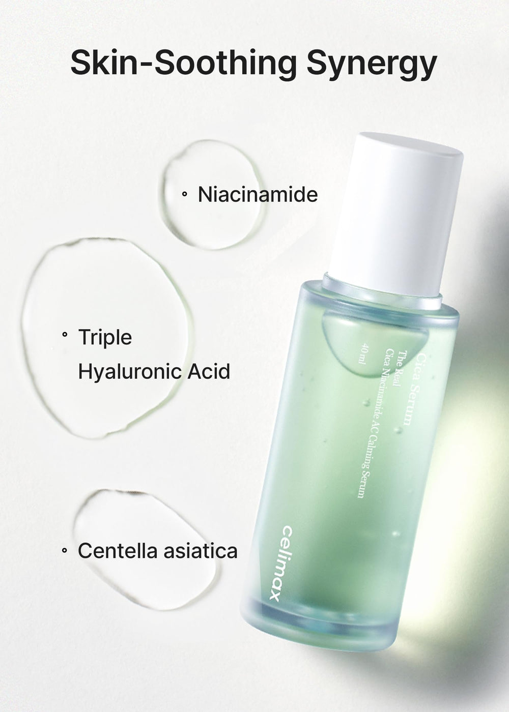 Centella asiatica and hyaluronic acid visuals indicating soothing moisture.
