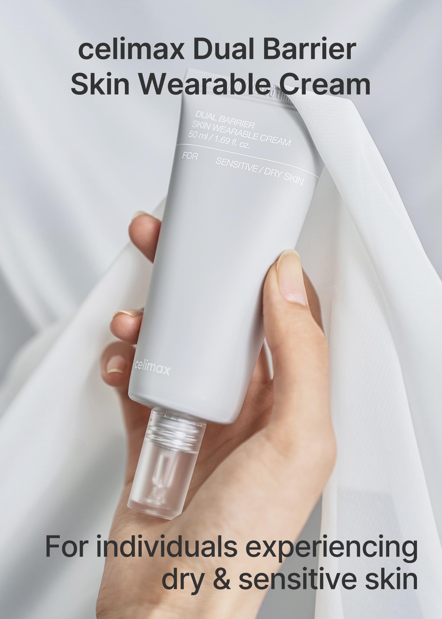 Celimax Dual Barrier Cream packaging box highlighting fragrance free and sensitive skin suitability.