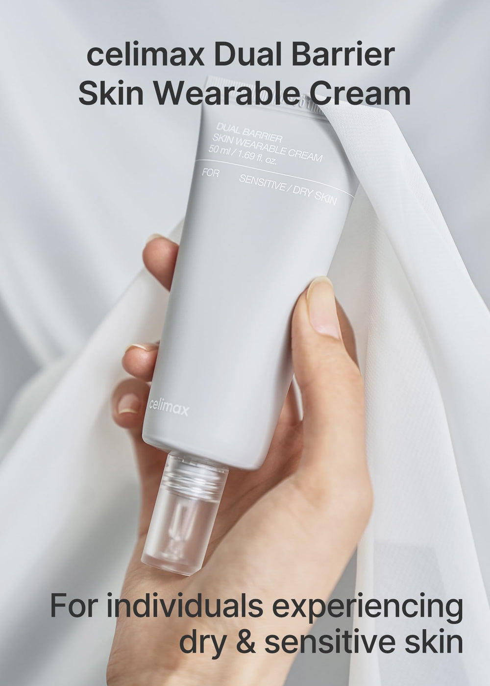 Celimax Dual Barrier Cream packaging box highlighting fragrance free and sensitive skin suitability.