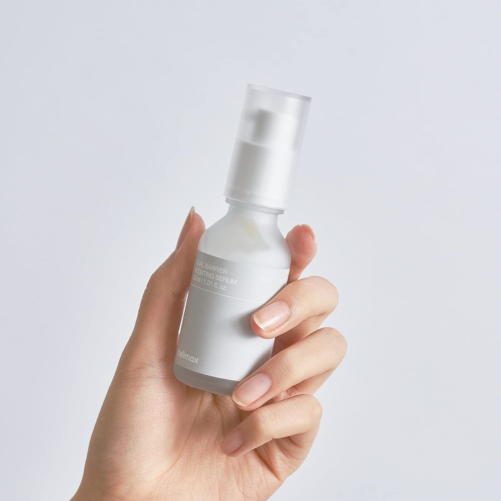 celimax dual barrier serum packaging flatlay conveys premium, dermatologist-tested care