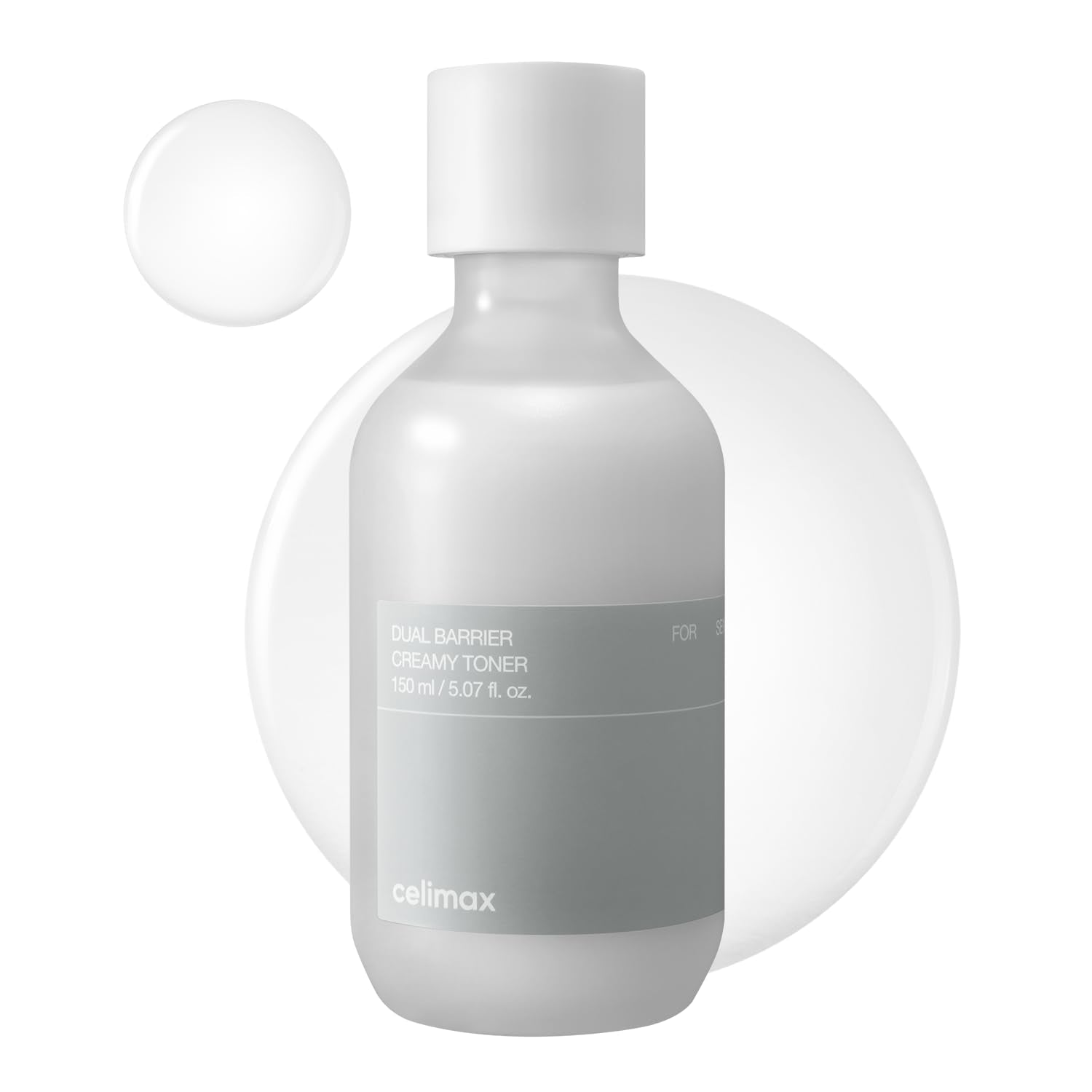 Celimax Dual Barrier Creamy Toner bottle front shows milky texture for quick absorption