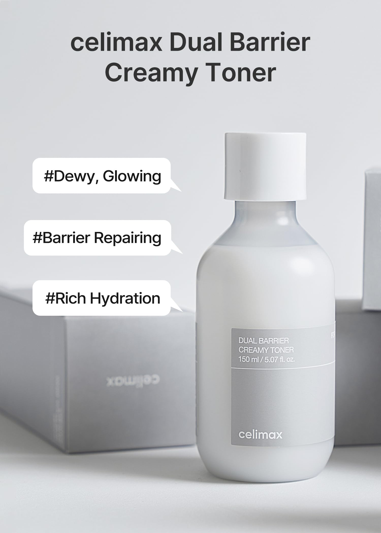 Celimax Dual Barrier Creamy Toner bottle side view highlights clean formula for sensitive skin