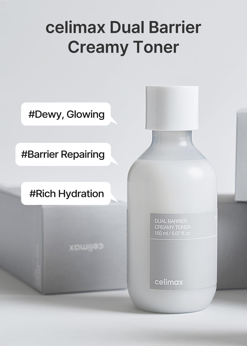 Celimax Dual Barrier Creamy Toner bottle side view highlights clean formula for sensitive skin