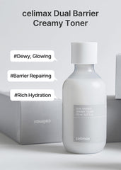 Celimax Dual Barrier Creamy Toner bottle side view highlights clean formula for sensitive skin