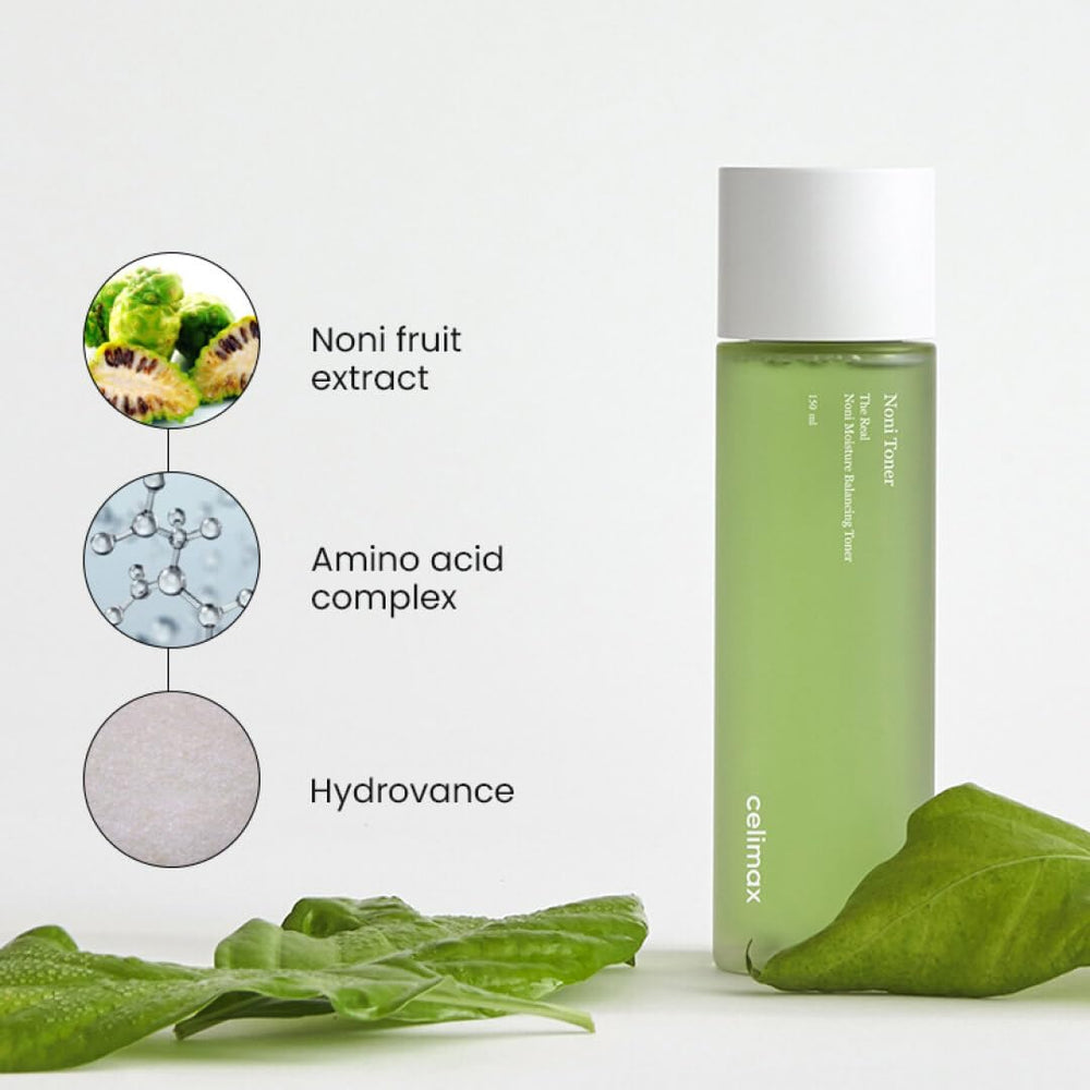 Celimax Noni Toner hydrovance drop highlights deep hydration on skin.