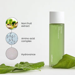 Celimax Noni Toner hydrovance drop highlights deep hydration on skin.