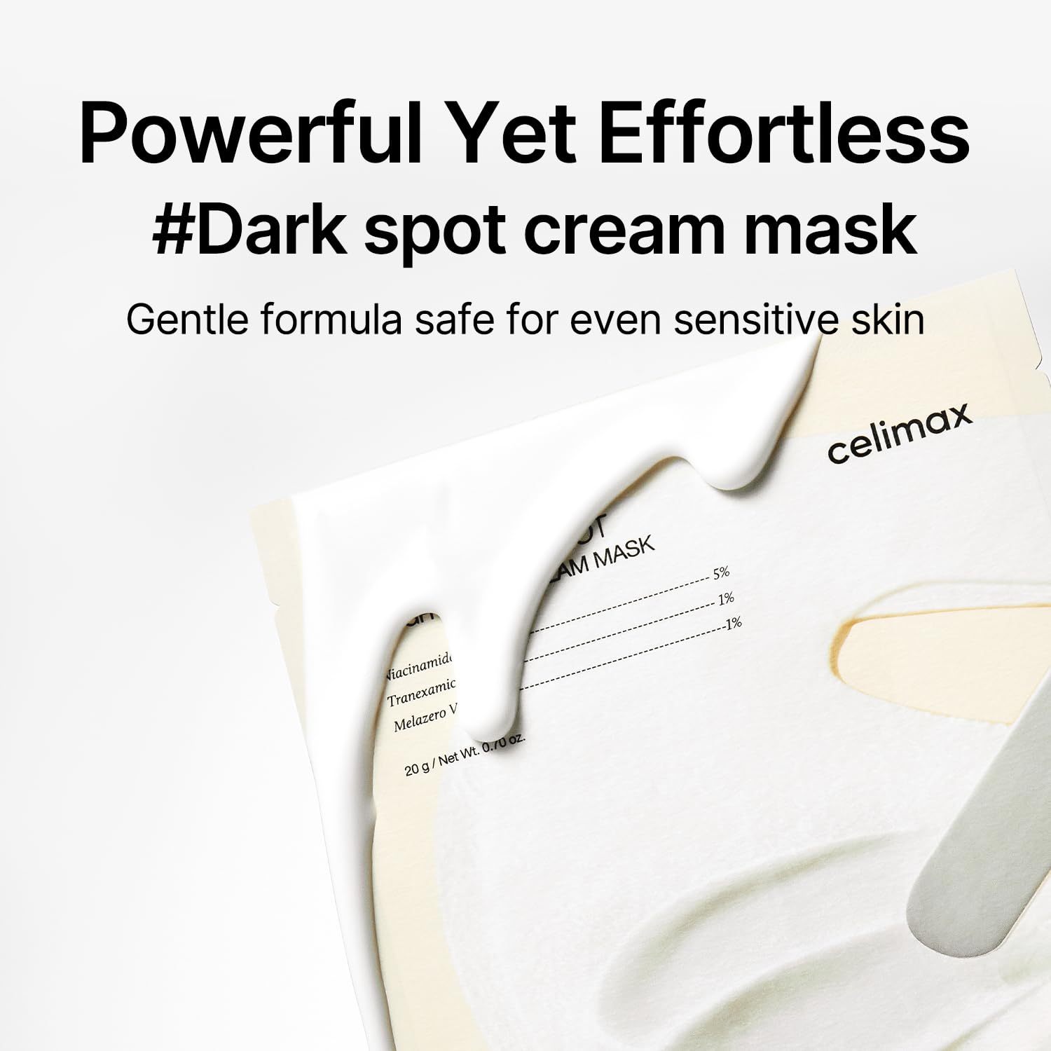 Celimax Pore+Dark Spot Cream Mask close-up reveals rich cream texture on fabric.