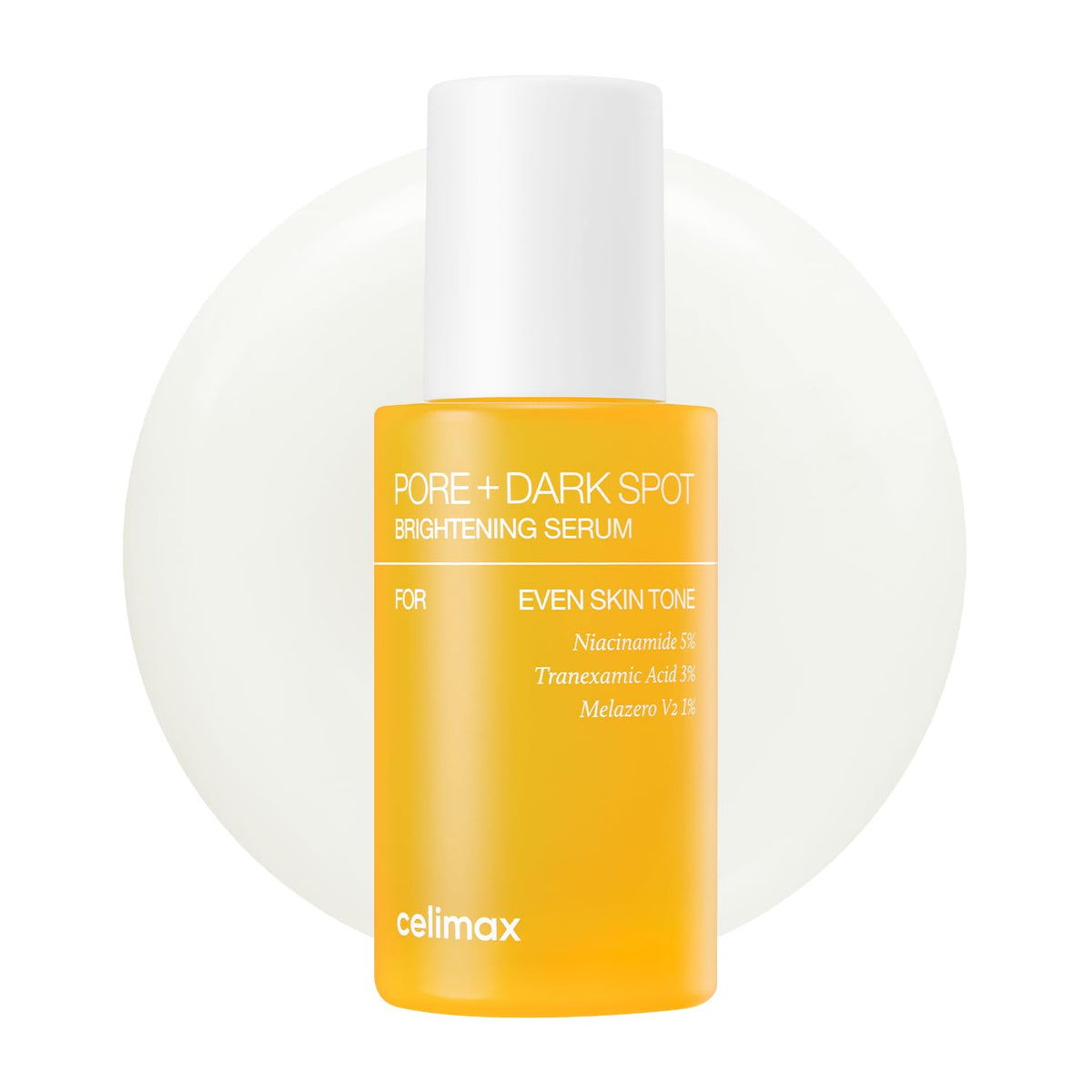 Celimax Pore+Dark Spot serum bottle with pump for precise, mess-free pore-minimizing care.