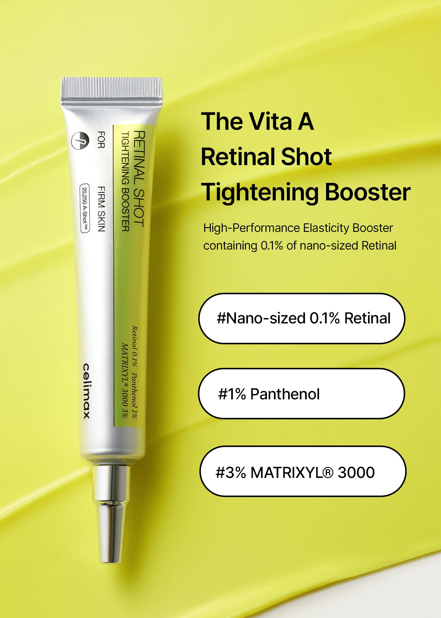 Celimax Vita A Retinal Shot dropper in use, targeting fine lines and enlarged pores.