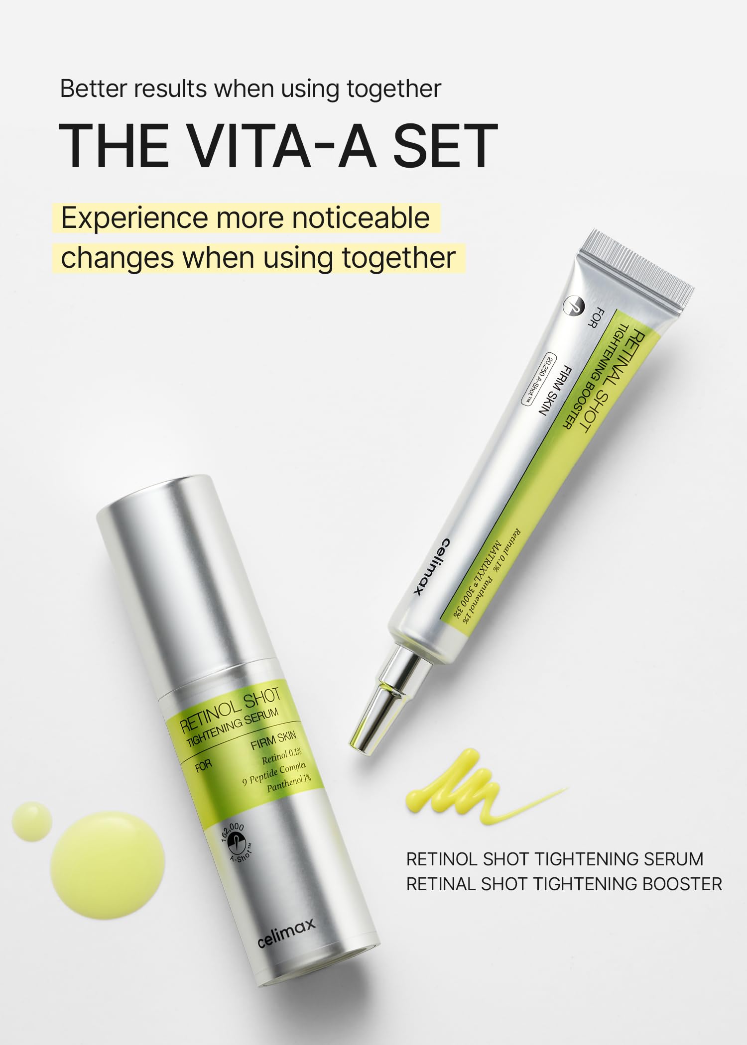 Celimax Vita A Retinal Shot after-application note shows slight yellow tint wash-off.