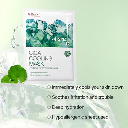 Cell Fusion C Post Alpha Cica Cooling Mask with Centella leaves emphasizes gentle soothing.
