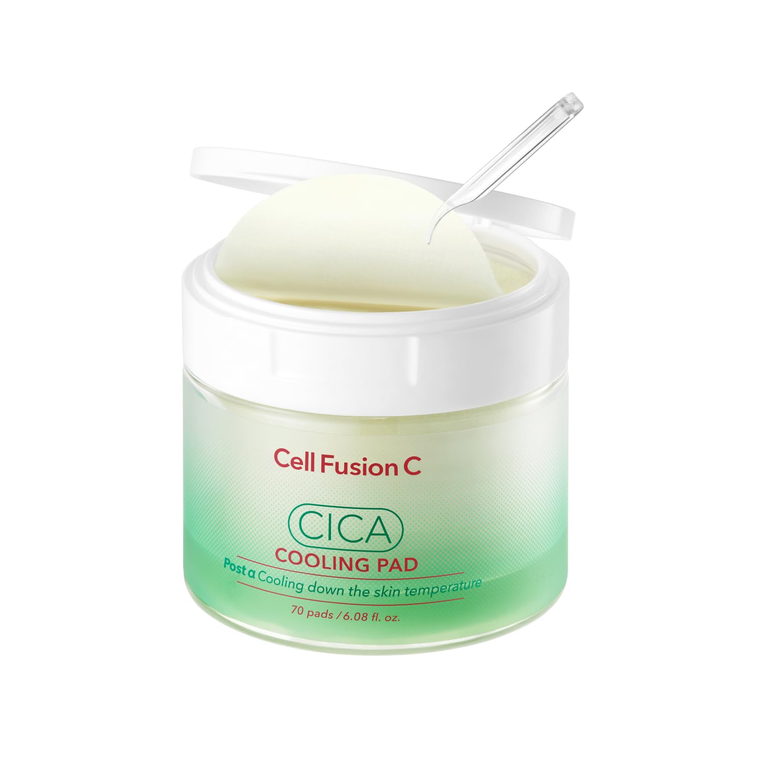 Cell Fusion C Post Alpha CICA cooling toner pad packaging highlights redness relief and soothing calm