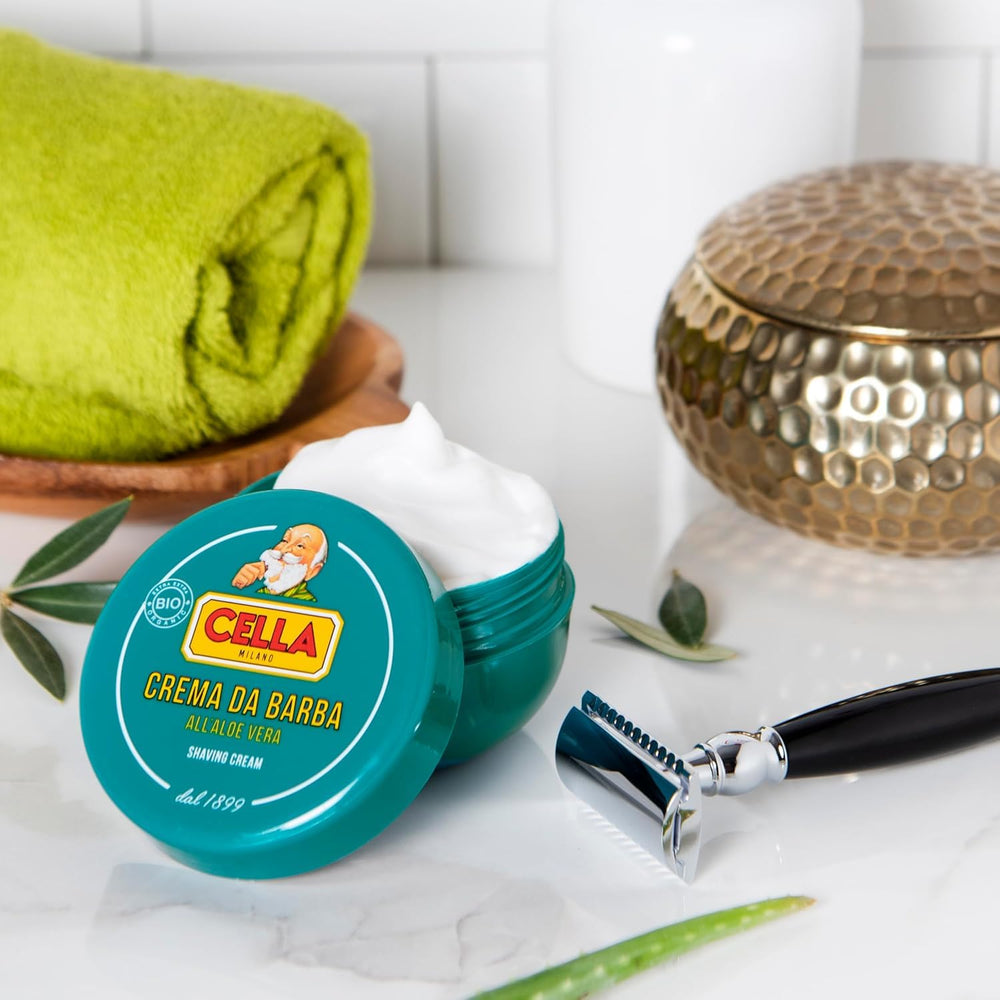 Cella shaving soap fragrance hints at fruity, rosy, woody bouquet for sensory ritual.
