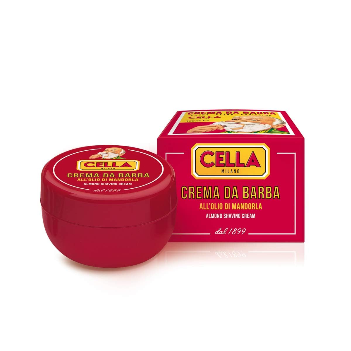 Cella Milano almond shaving cream jar shows rich, moisturizing lather for a smooth shave.