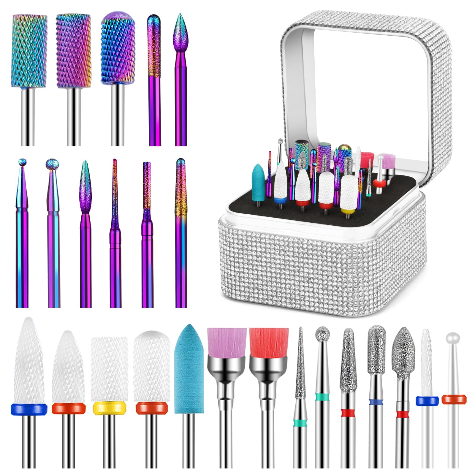 Cellentool 25pc nail drill bits set in a storage box for versatile nail prep.