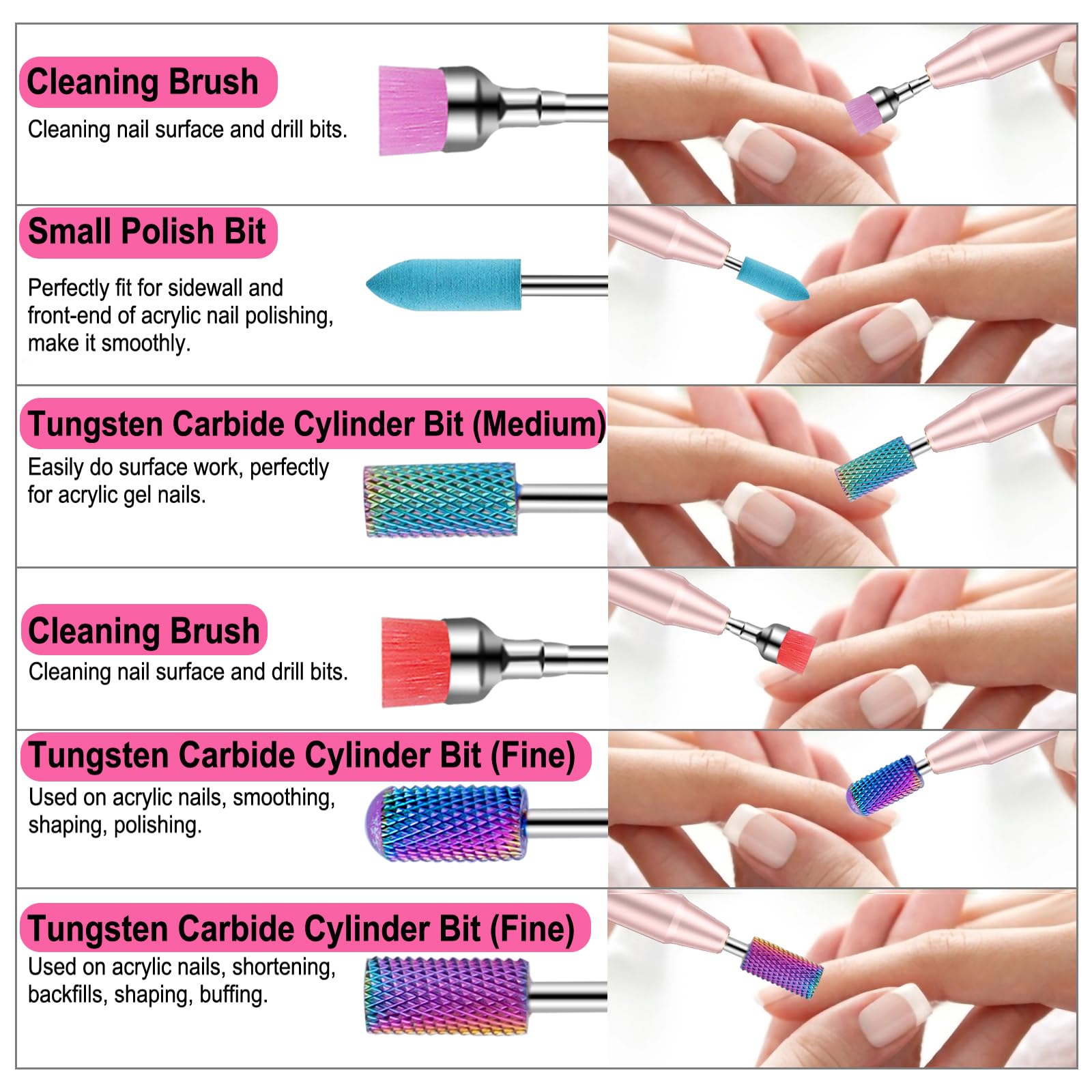 Cellentool tungsten carbide bits for durable cuticle and prep work.