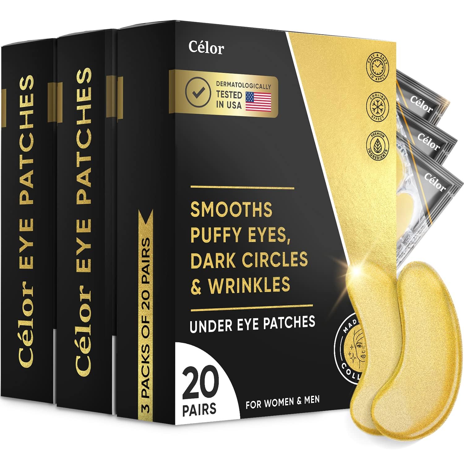 Celor under eye patches gold mask closeup showing hydrating formula for puffy eyes.